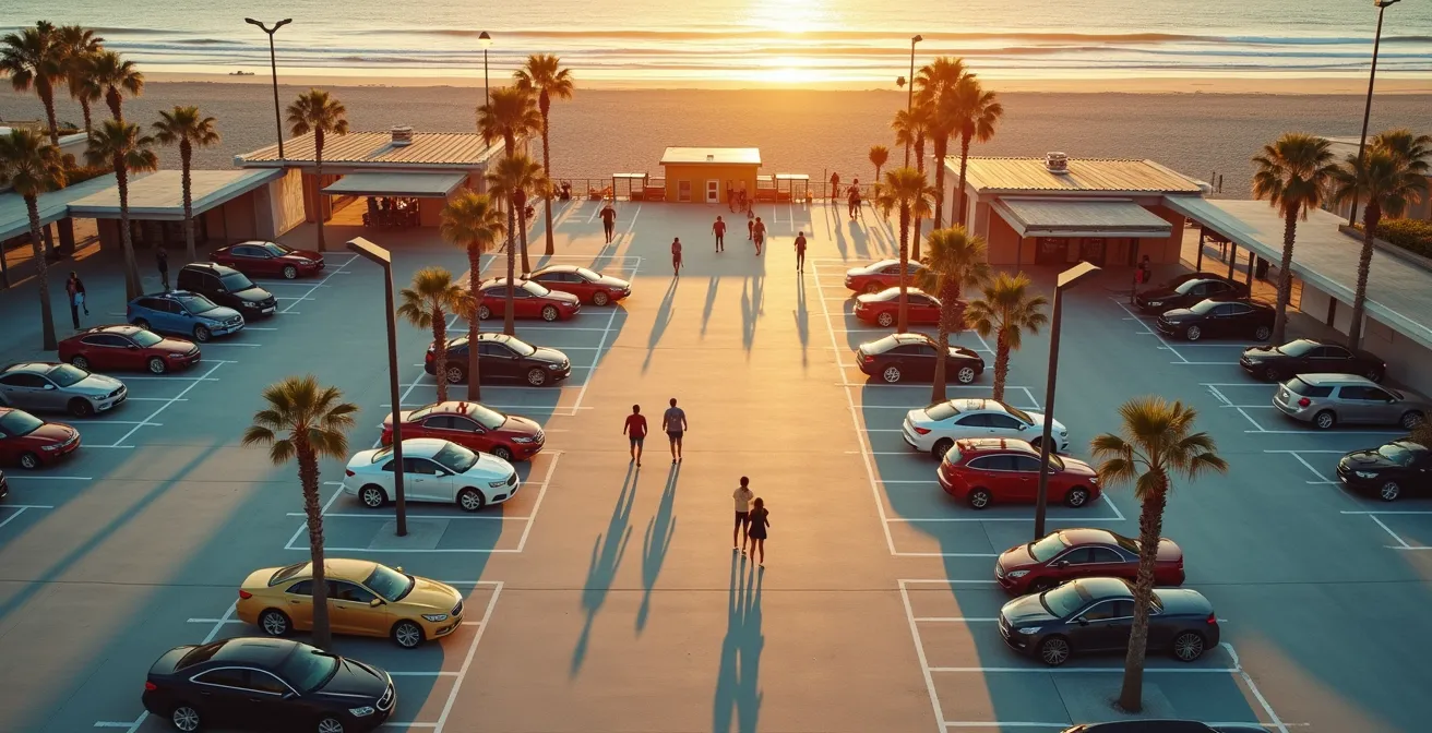 Aerial view of beach venue showing alternative parking zones and walking paths
