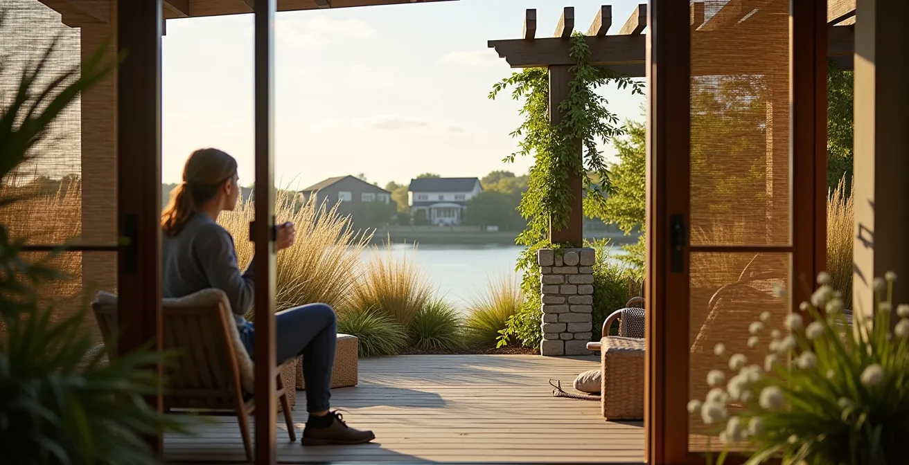 Aerial perspective of waterfront villa with strategic privacy landscaping and natural barriers