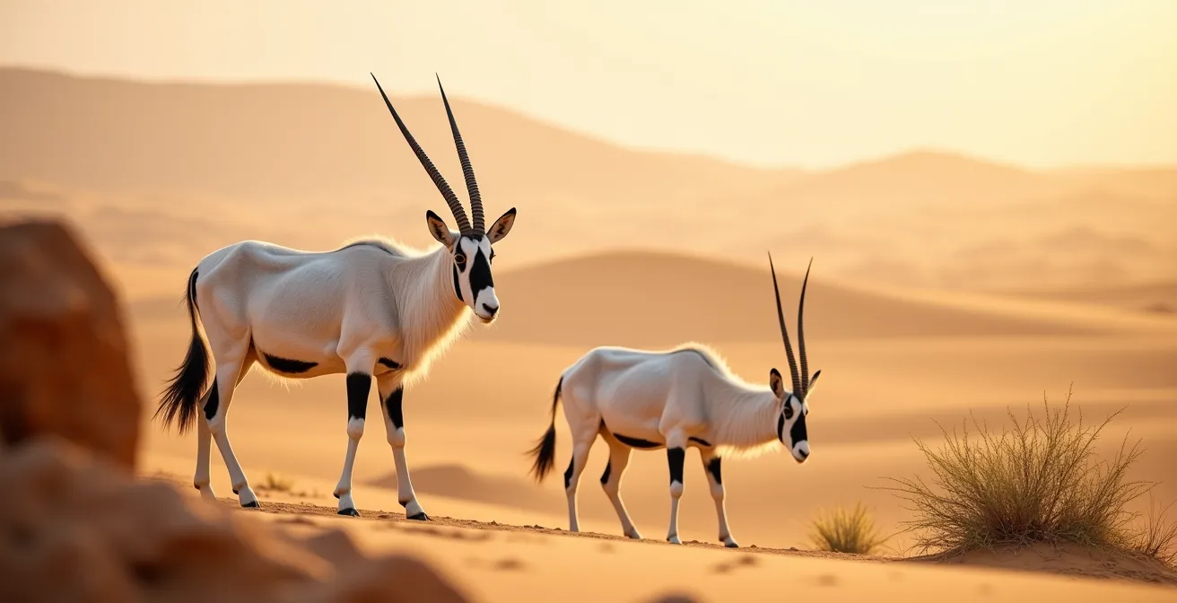 Arabian oryx in natural desert habitat viewed from respectful distance
