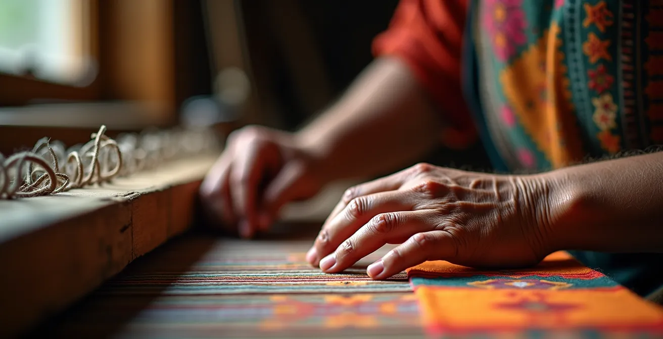 Close-up of artisan hands working on traditional weaving technique