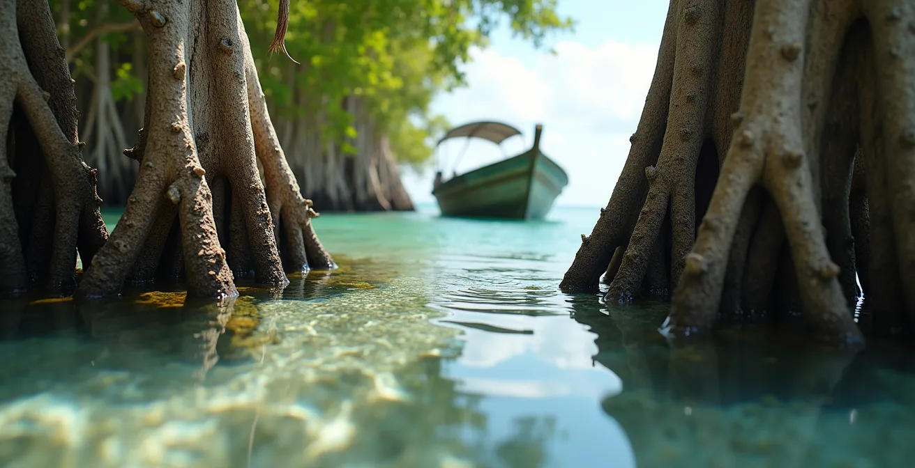 Serene mangrove forest in Abu Dhabi with traditional fishing boat