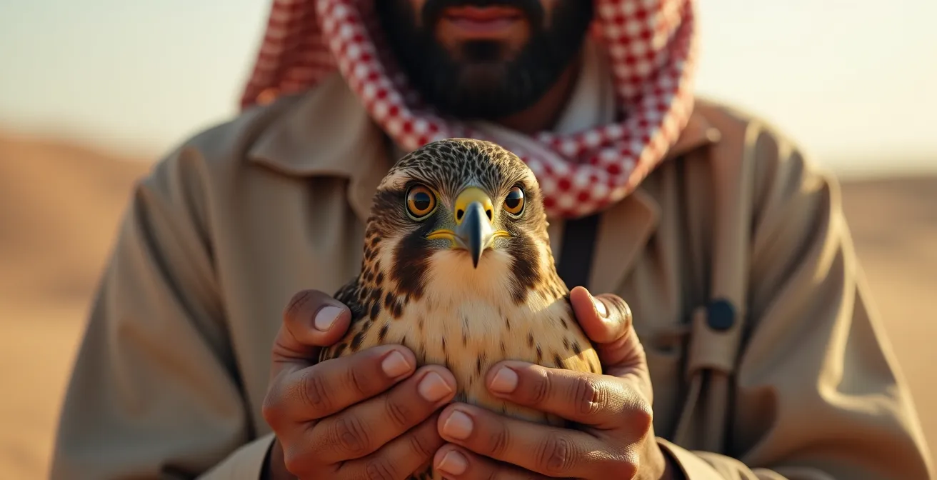 Traditional falconer with bird against desert dunes at sunrise