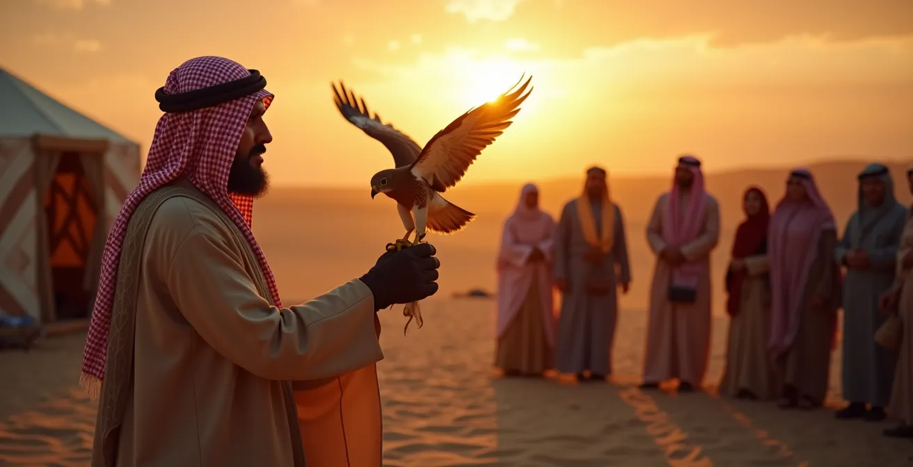 A traditional Bedouin master demonstrating falconry techniques to an attentive family in an authentic desert setting at sunset.