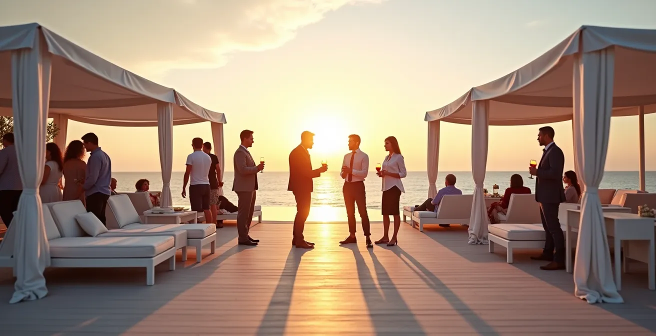 Professional networking event at an upscale beach club during sunset