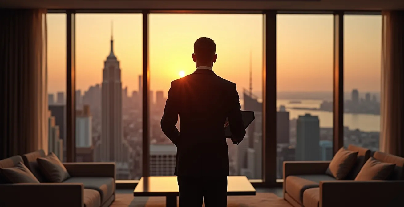 Hotel butler reviewing guest preferences on tablet in elegant suite