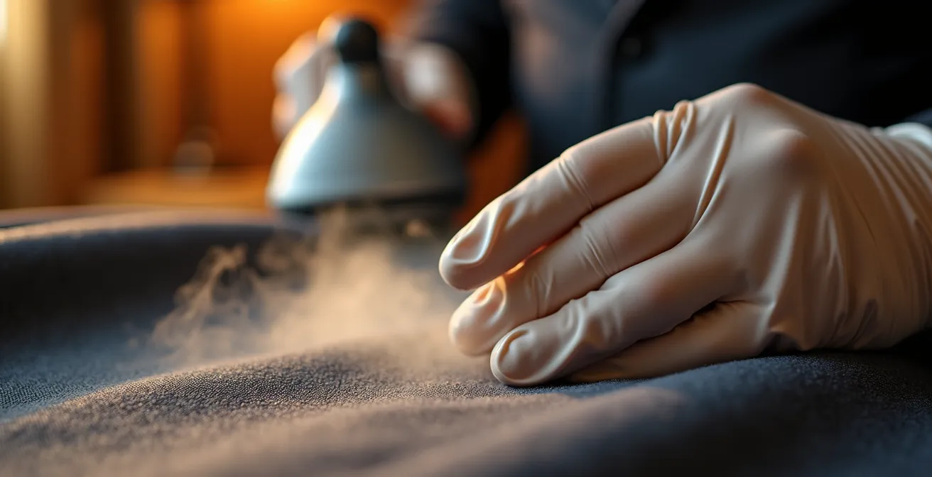 Professional butler steaming formal attire in hotel suite dressing area