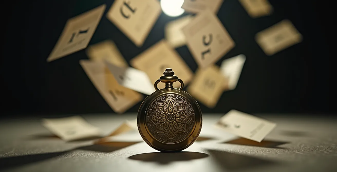 Abstract visualization of renewal timeline with calendar pages and clock elements