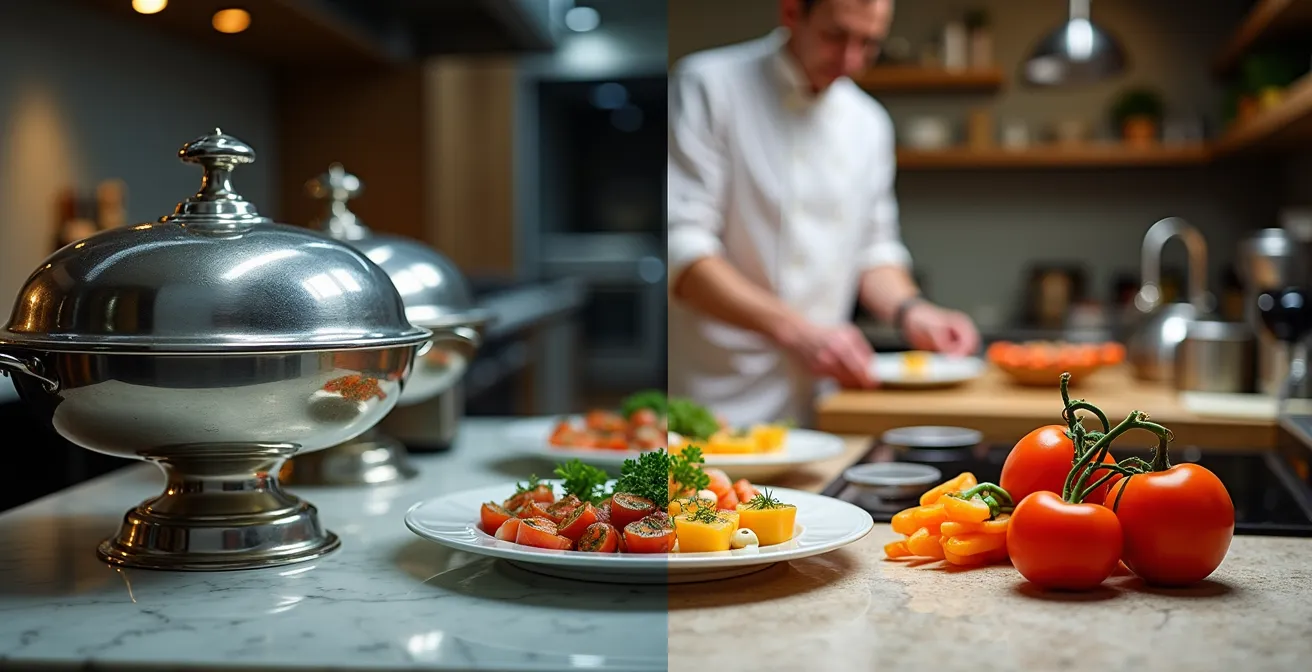 Split composition showing professional catered dishes alongside homemade gourmet preparations