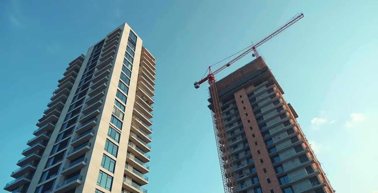 Split view comparison of completed luxury apartment and construction site