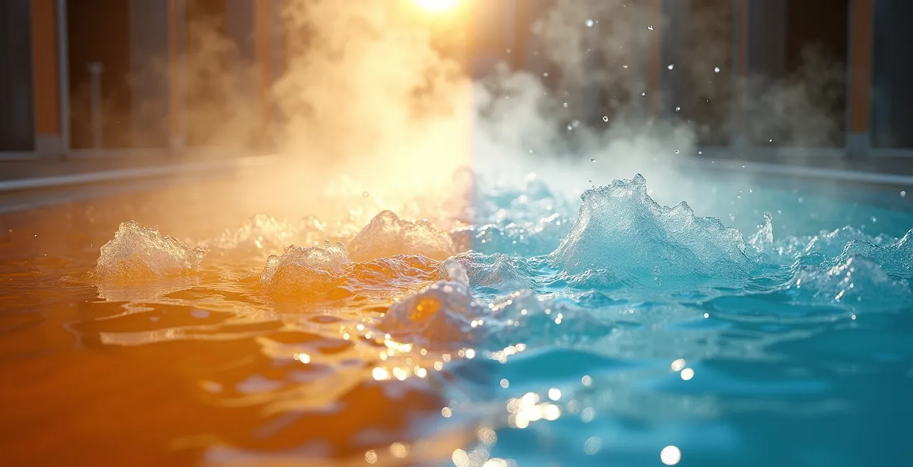 Split composition showing warm Arabian Gulf waters alongside modern cold plunge facility