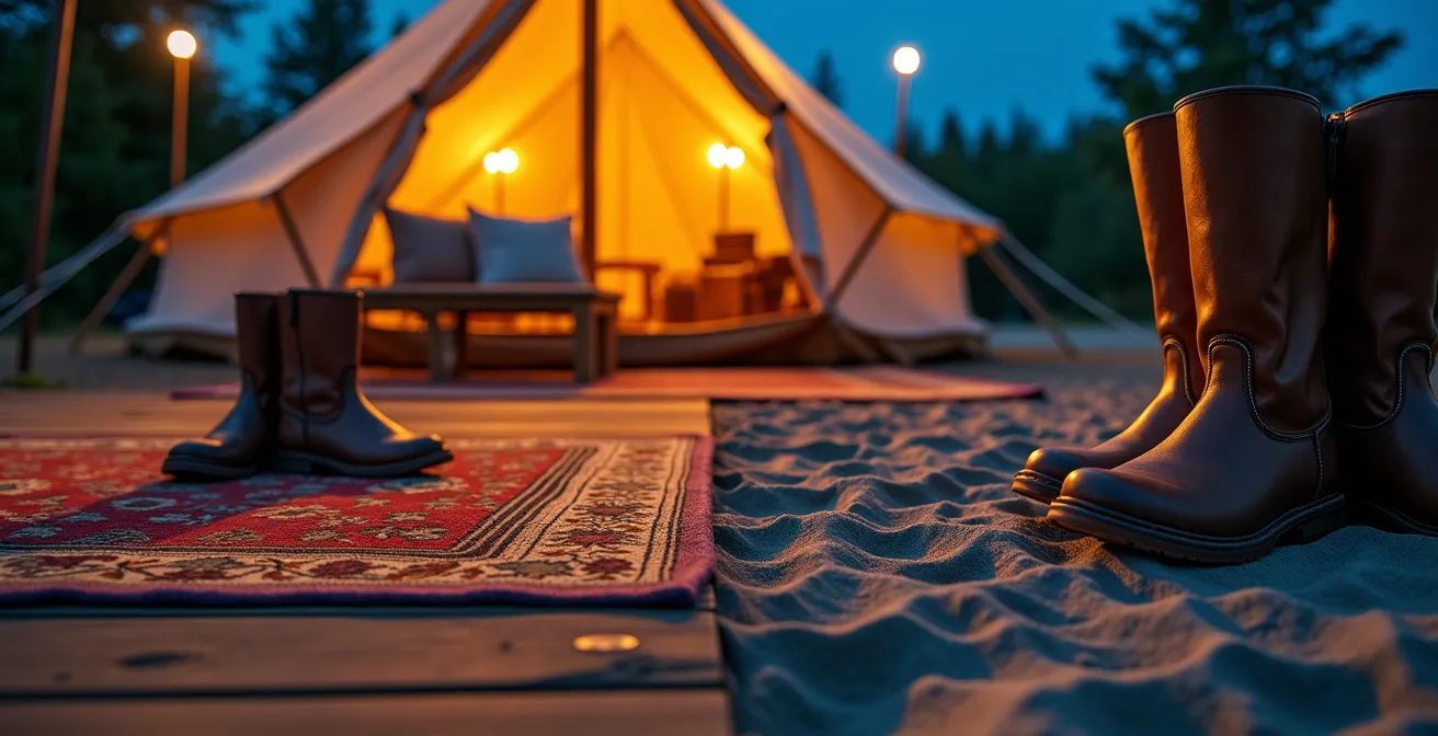 Split scene showing premium wooden deck camp versus basic sand floor camp