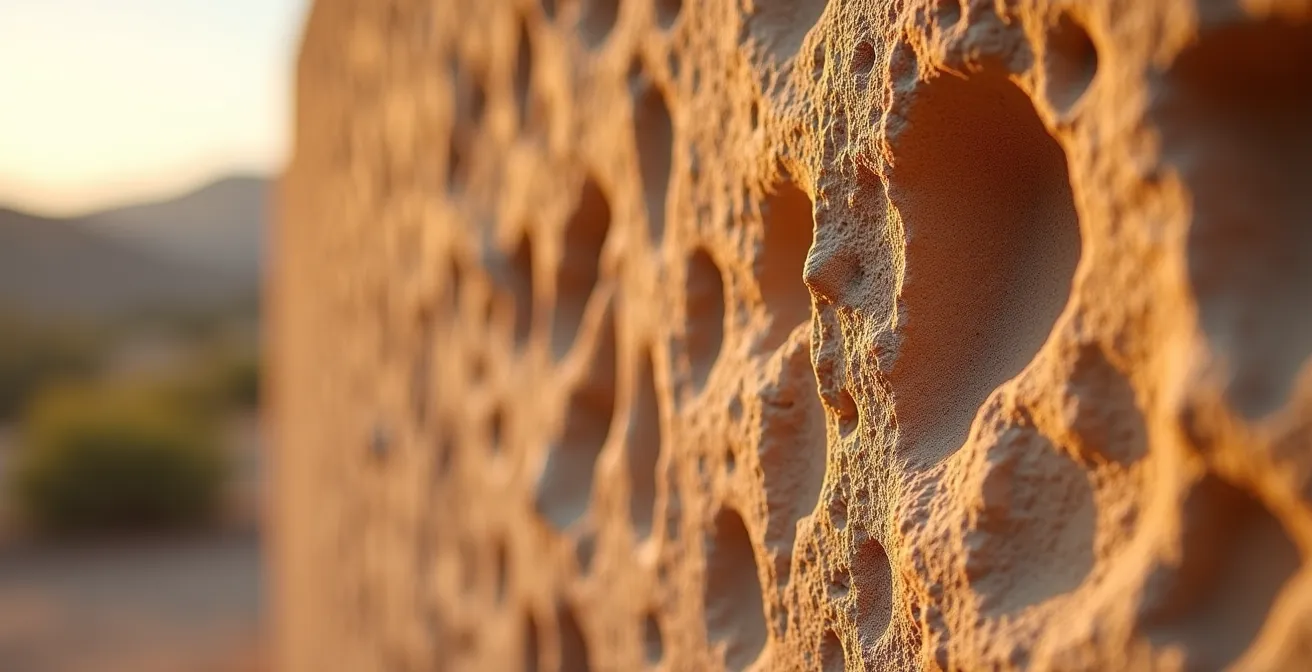 Aerial view of desert resort villas with courtyard architecture surrounded by sand dunes