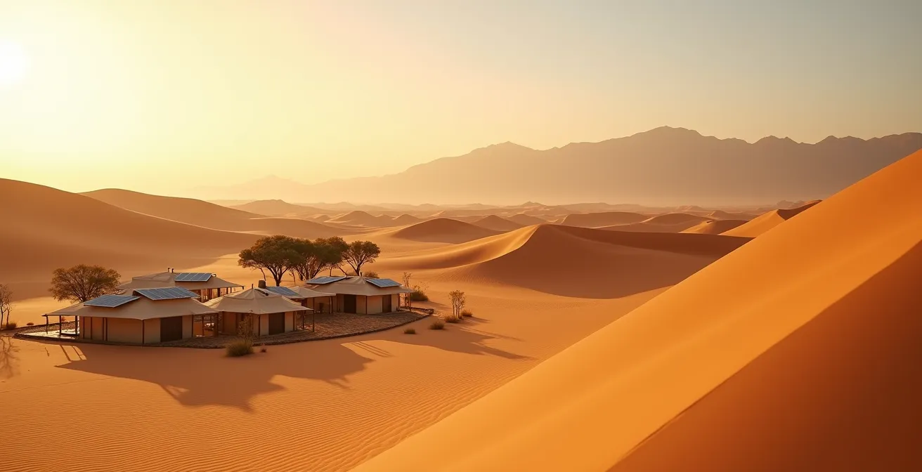 Wide desert landscape showing eco-conscious safari setup at golden hour