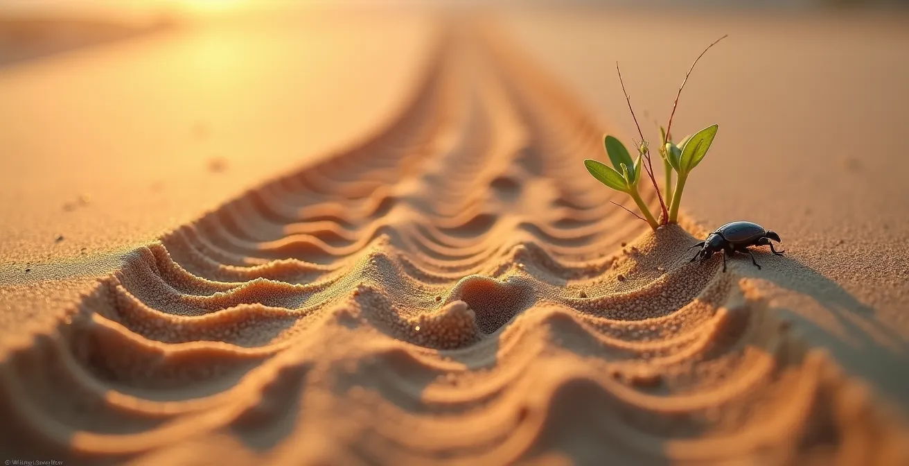 Close-up of desert sand showing vehicle tracks and preserved areas