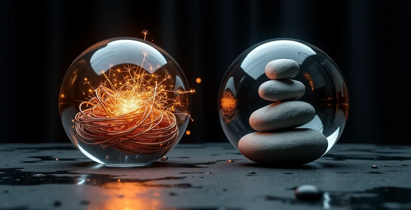 Abstract visualization of brain neural patterns transforming from chaotic to calm