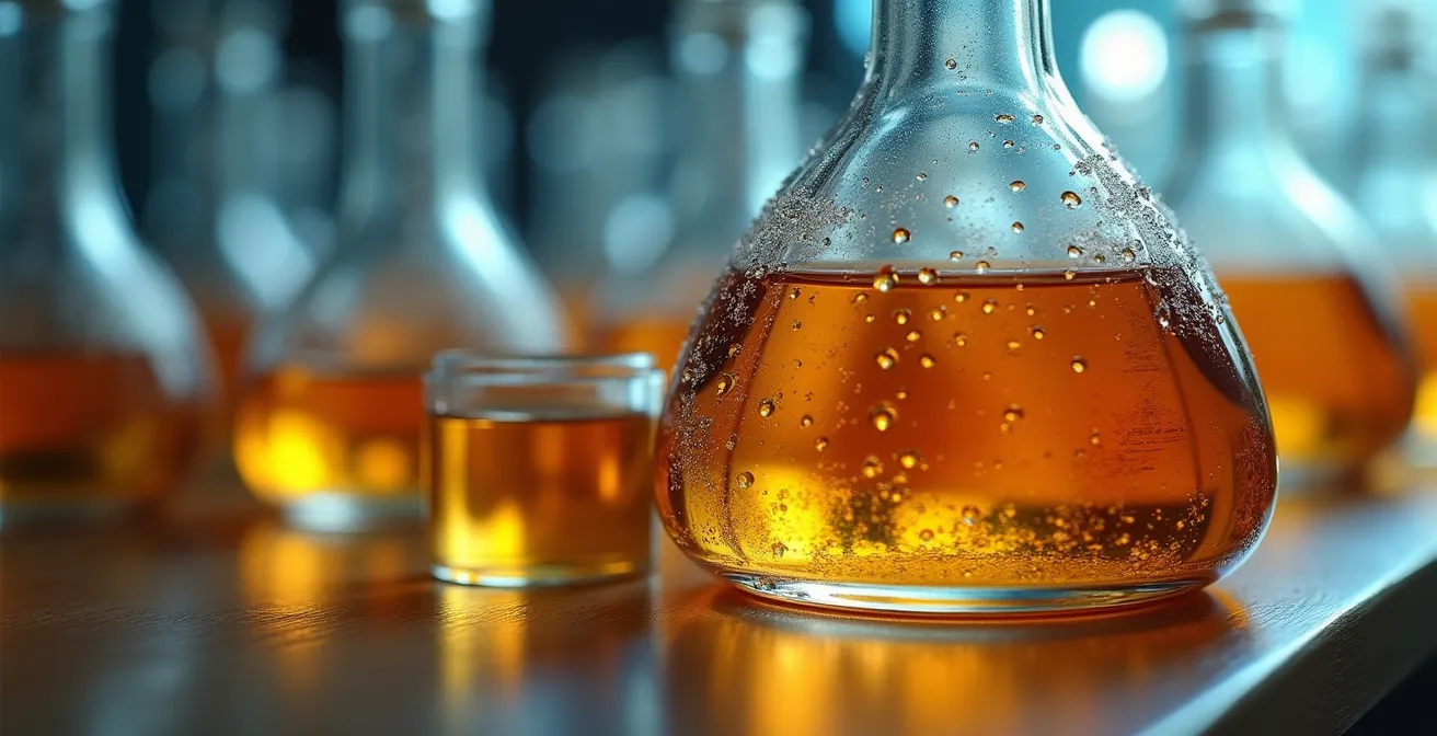 Close-up of amber perfume bottles in temperature-controlled aging chamber