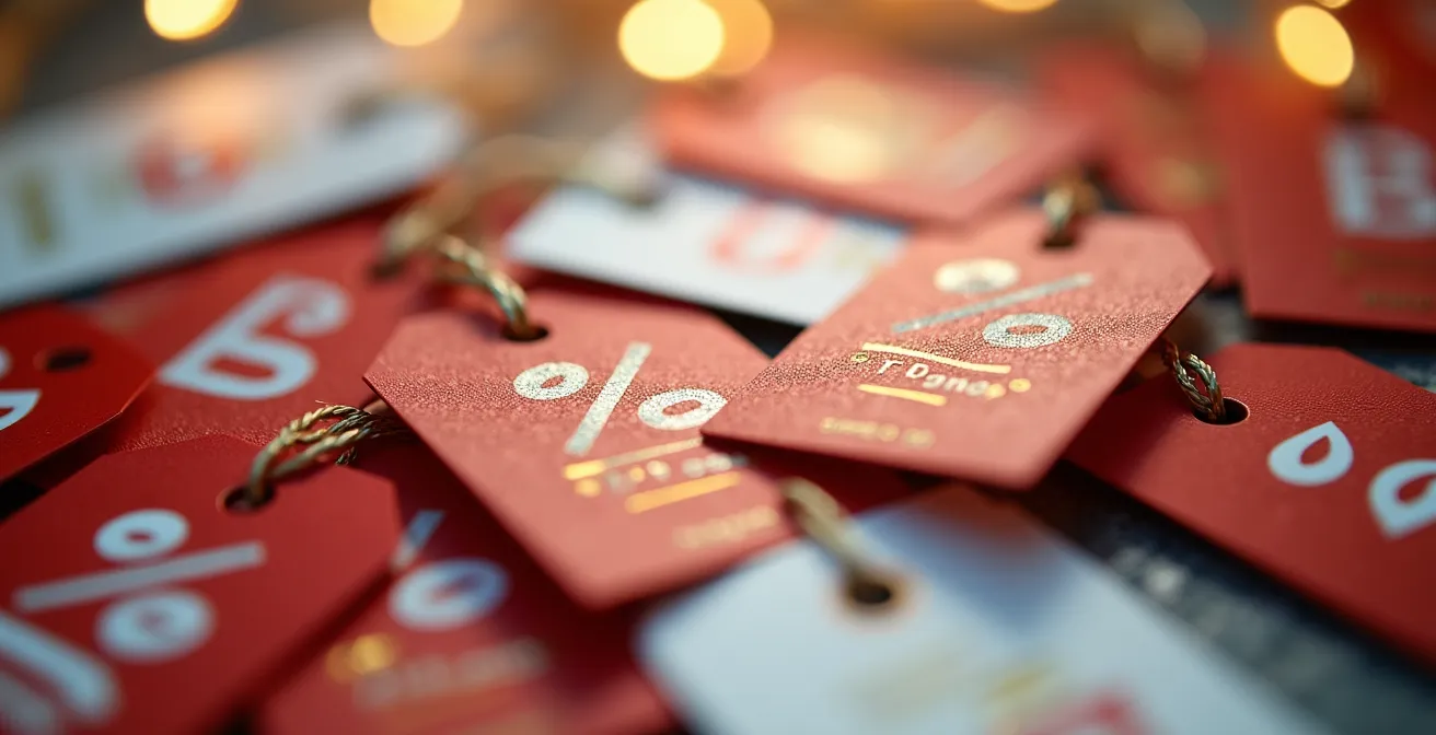 Macro shot of price tags and sale indicators during Dubai Shopping Festival