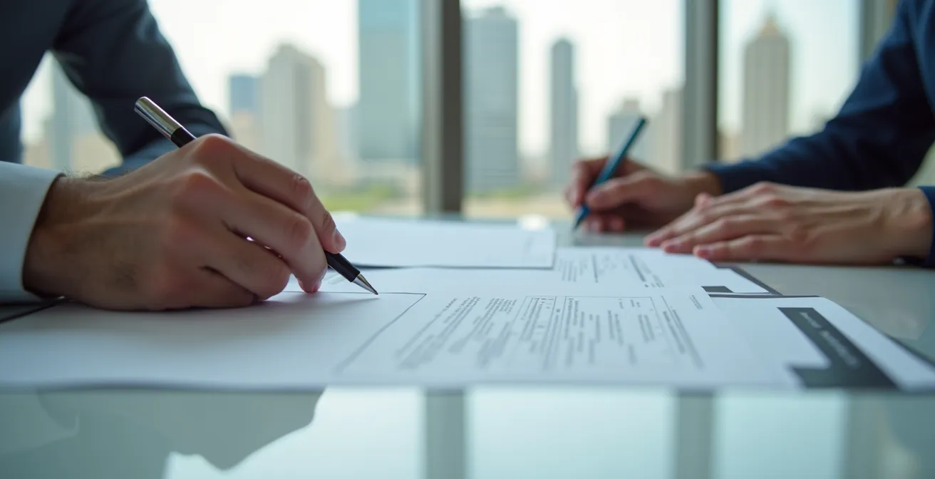 Close-up view of hands holding documents with Dubai skyline visible through office window in background