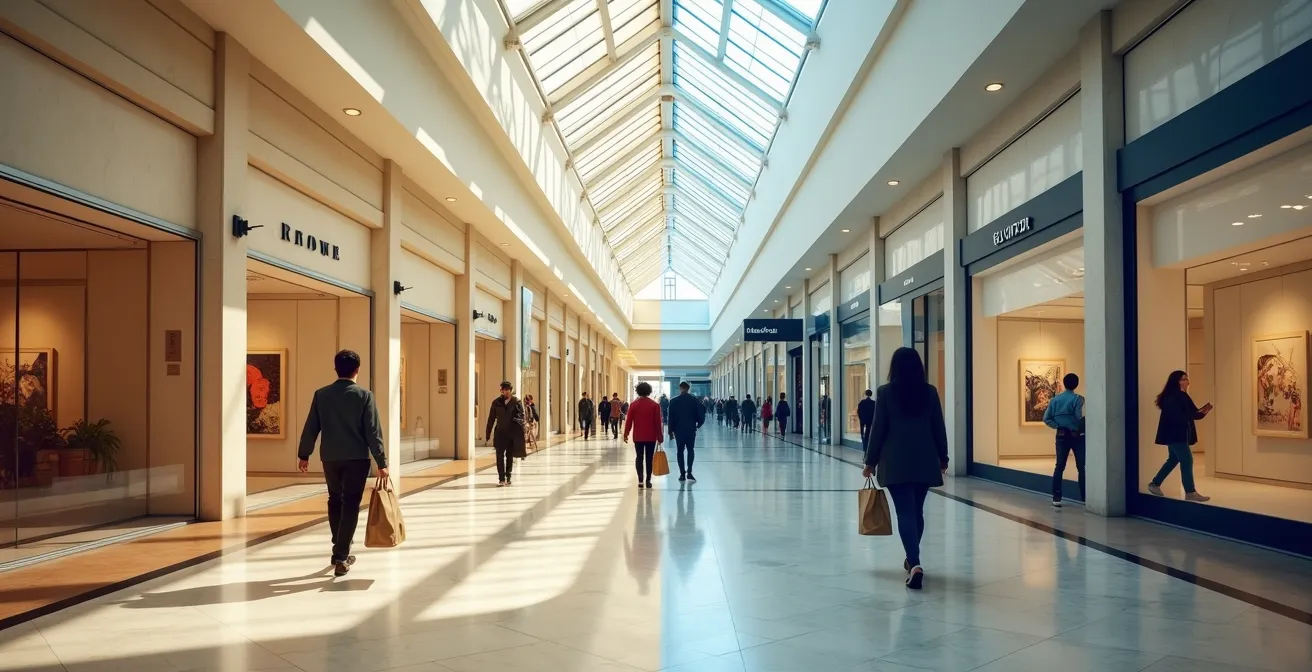 Wide angle view of luxury shopping environment comparing mall and outlet shopping experiences