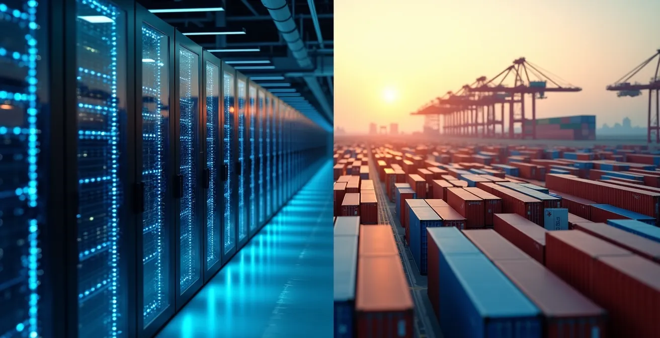 Split composition showing modern data center on one side and logistics port operations on the other
