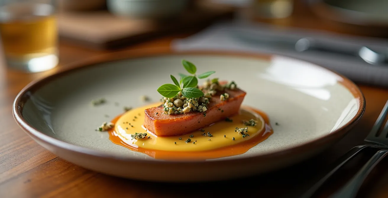 Close-up of beautifully plated dish with subtle ceramic ingredient marker