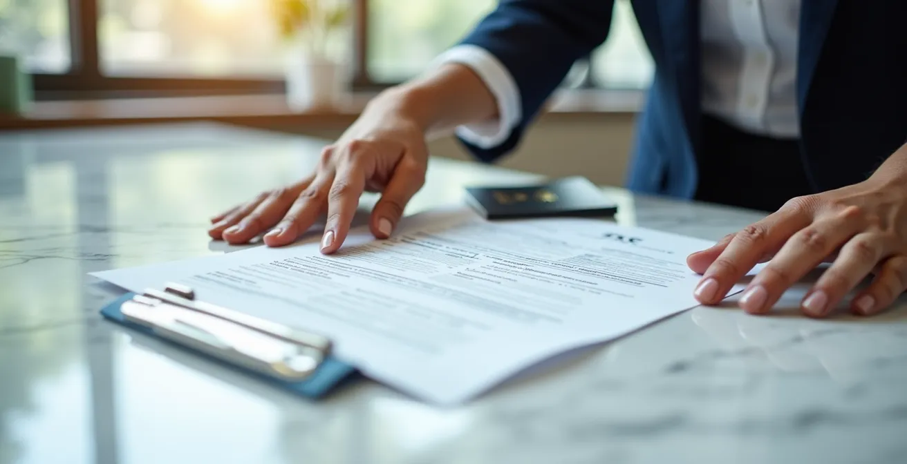 Professional reviewing medical visa documents with passport and medical files on modern desk