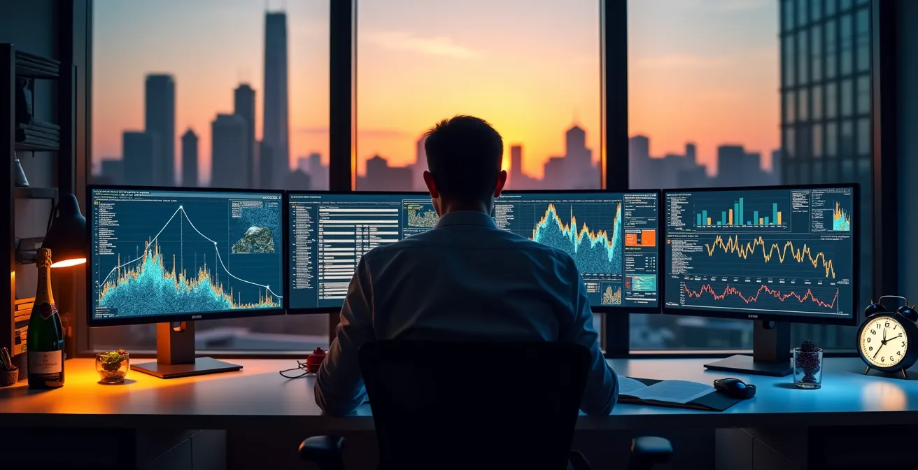 Business executive analyzing F1 ticket availability on multiple devices in modern office