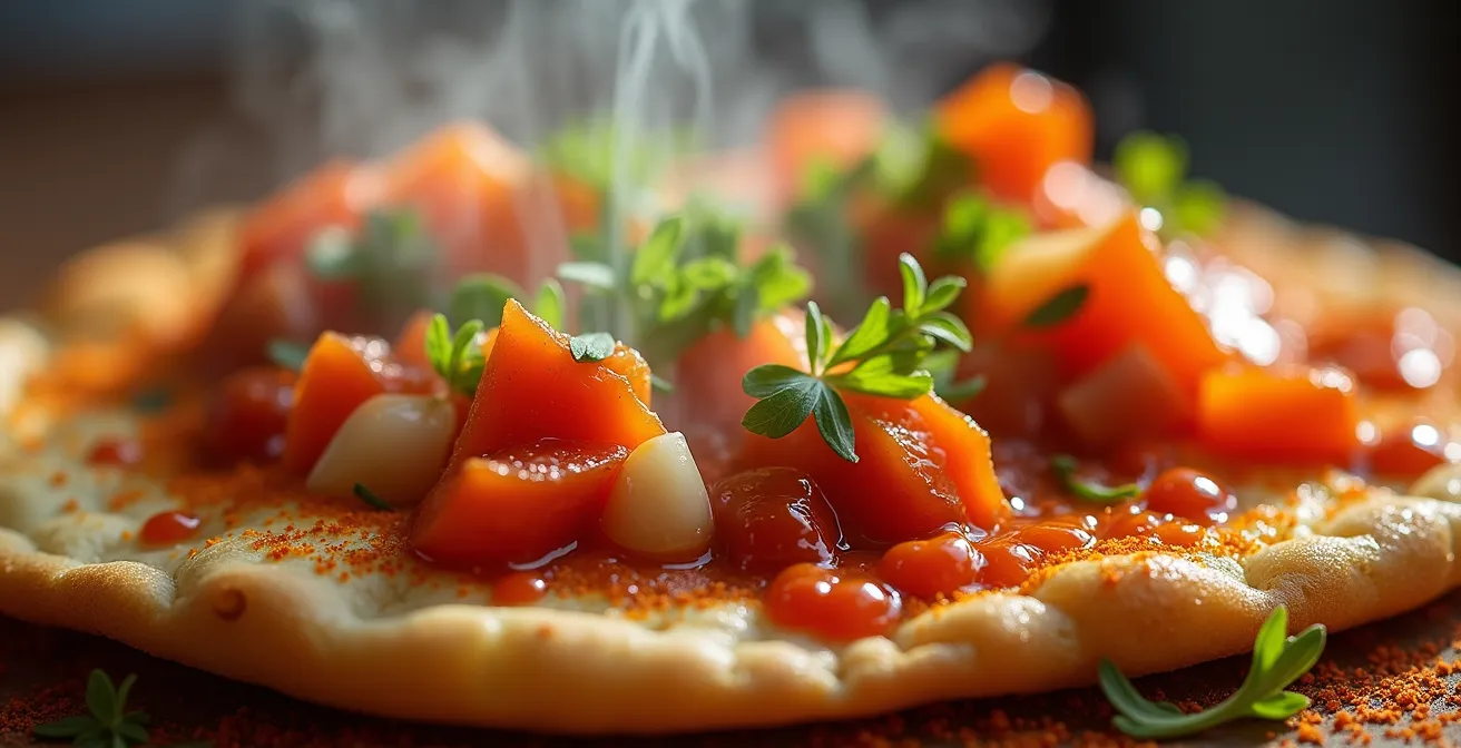 Macro shot of colorful street food dishes showing texture and freshness