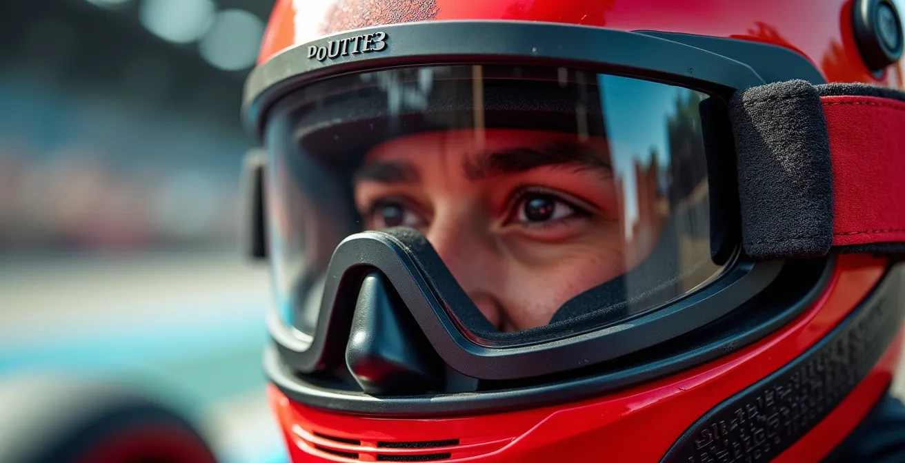 Extreme close-up of protective goggles worn on a high-speed roller coaster, with speed blur reflections in the lenses.
