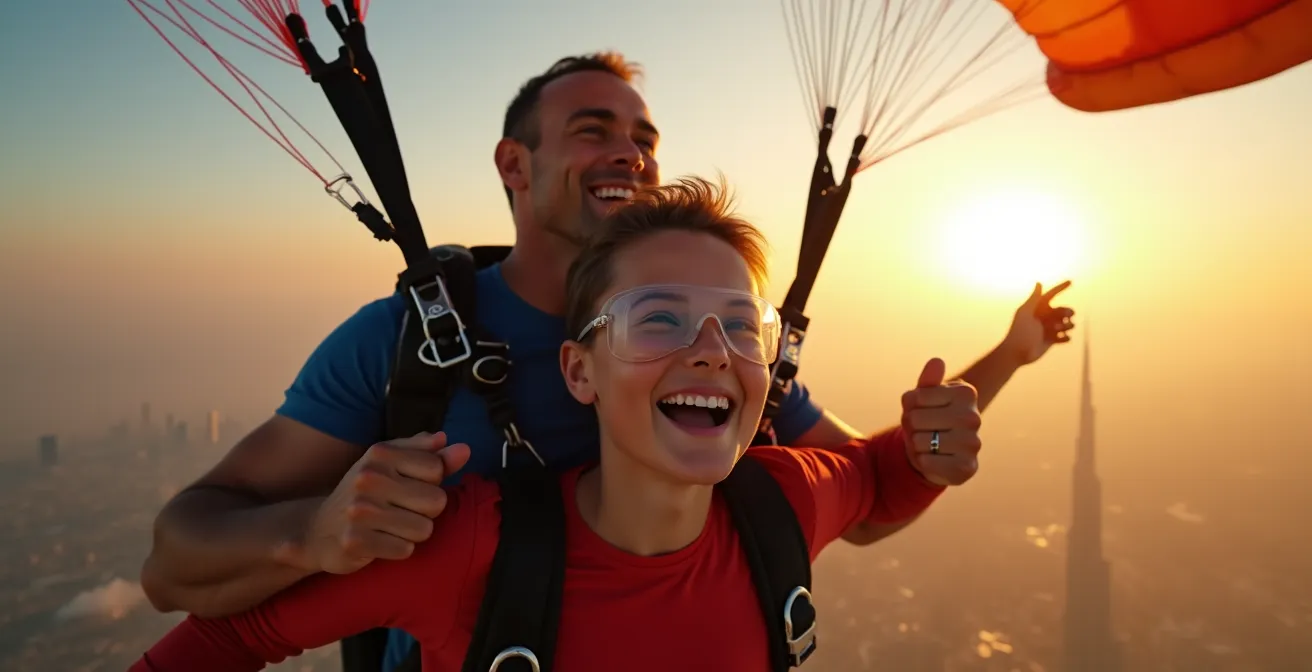 Parachutist descending during golden hour with Dubai skyline silhouetted