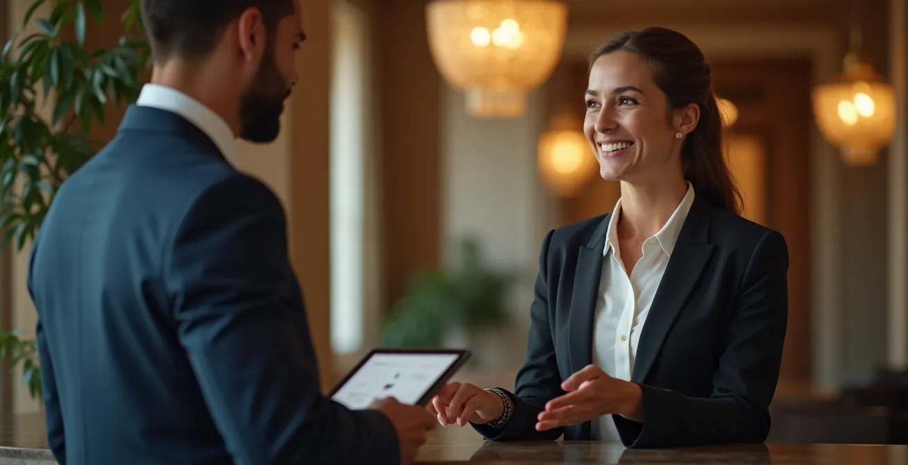 Hotel lobby showing human concierge working alongside digital assistance tools in harmony