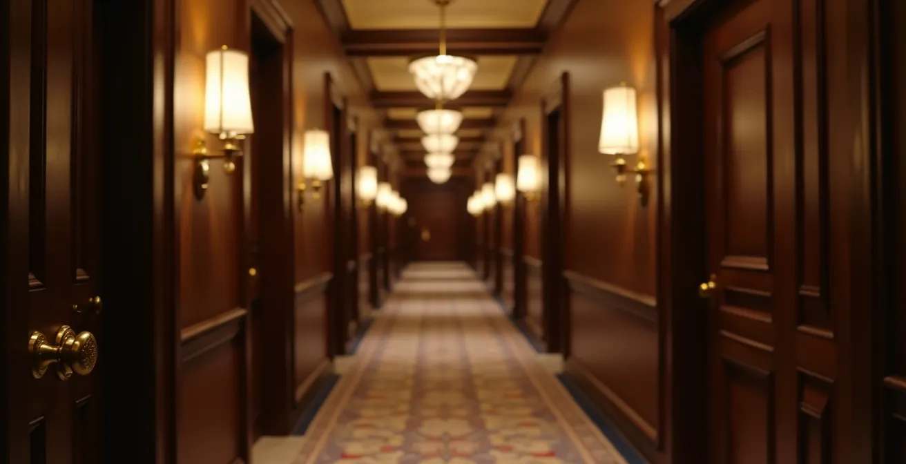 Elegant hotel corridor showing different room door perspectives in luxury resort