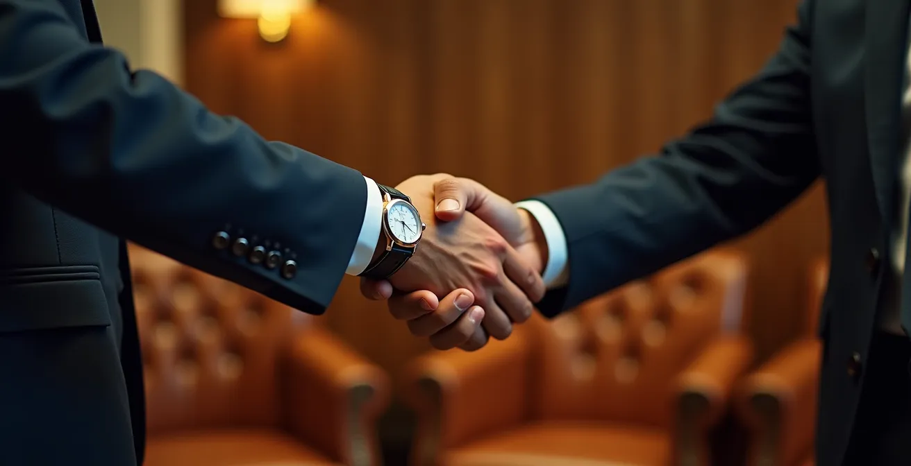 Close-up of two professionals shaking hands in elegant club setting with soft lighting
