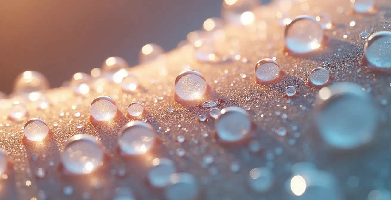 Extreme close-up of mineral-rich water droplets on skin surface