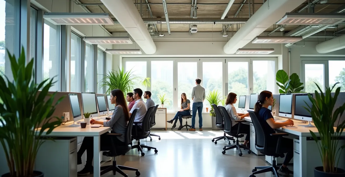 Modern office interior with visible air circulation systems and natural light