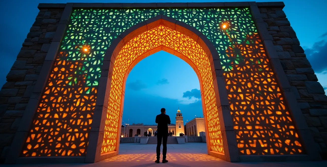 Intricate Islamic geometric patterns projected onto stone archway during light festival
