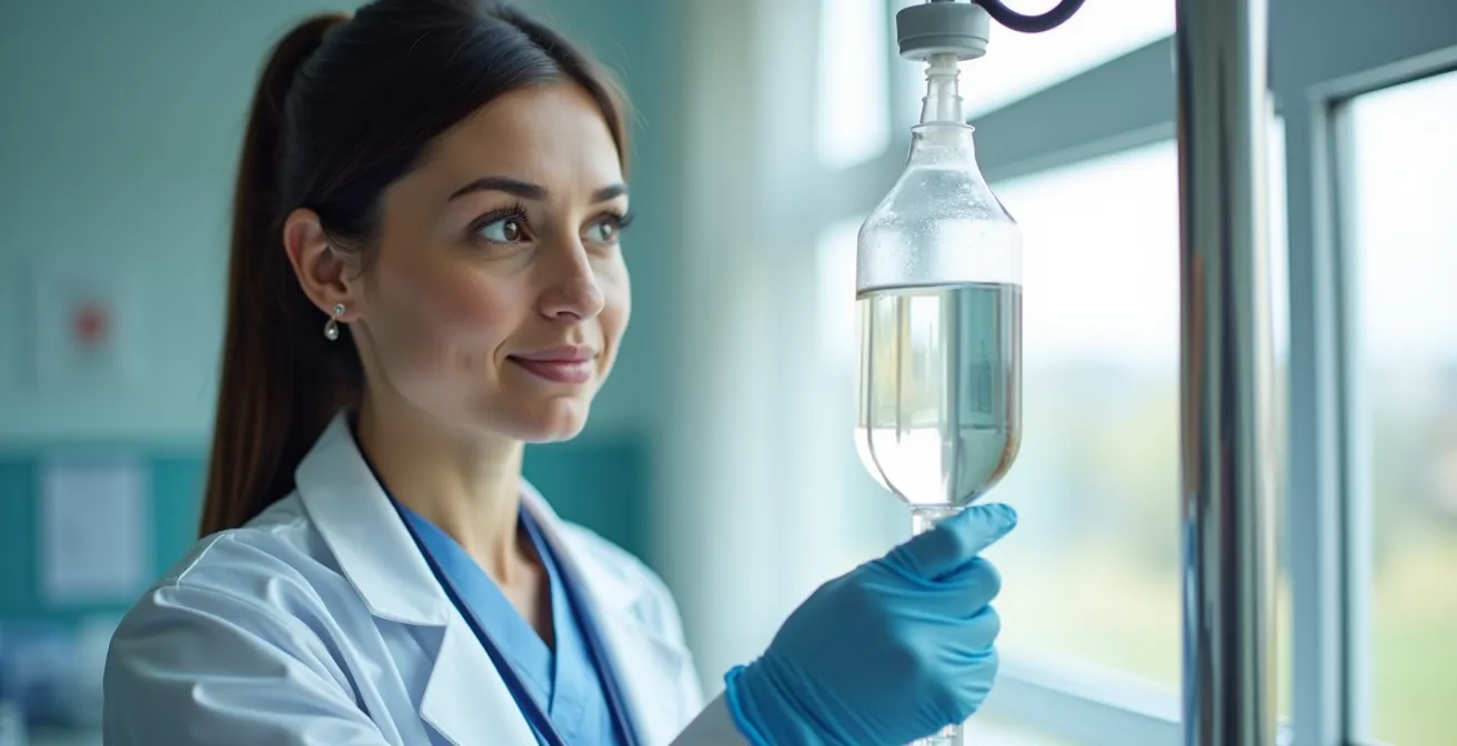 Medical professional preparing sterile IV equipment in clinical setting
