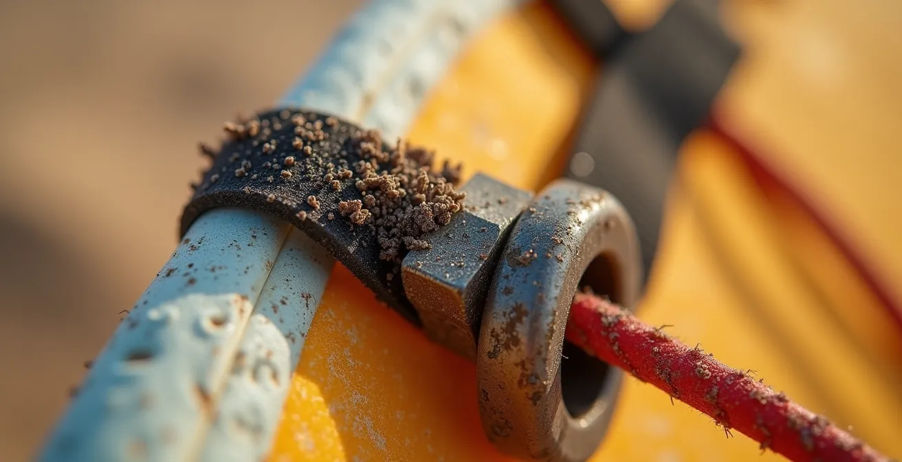 Macro shot of kitesurfing equipment showing UV damage and wear patterns on lines and fabric.
