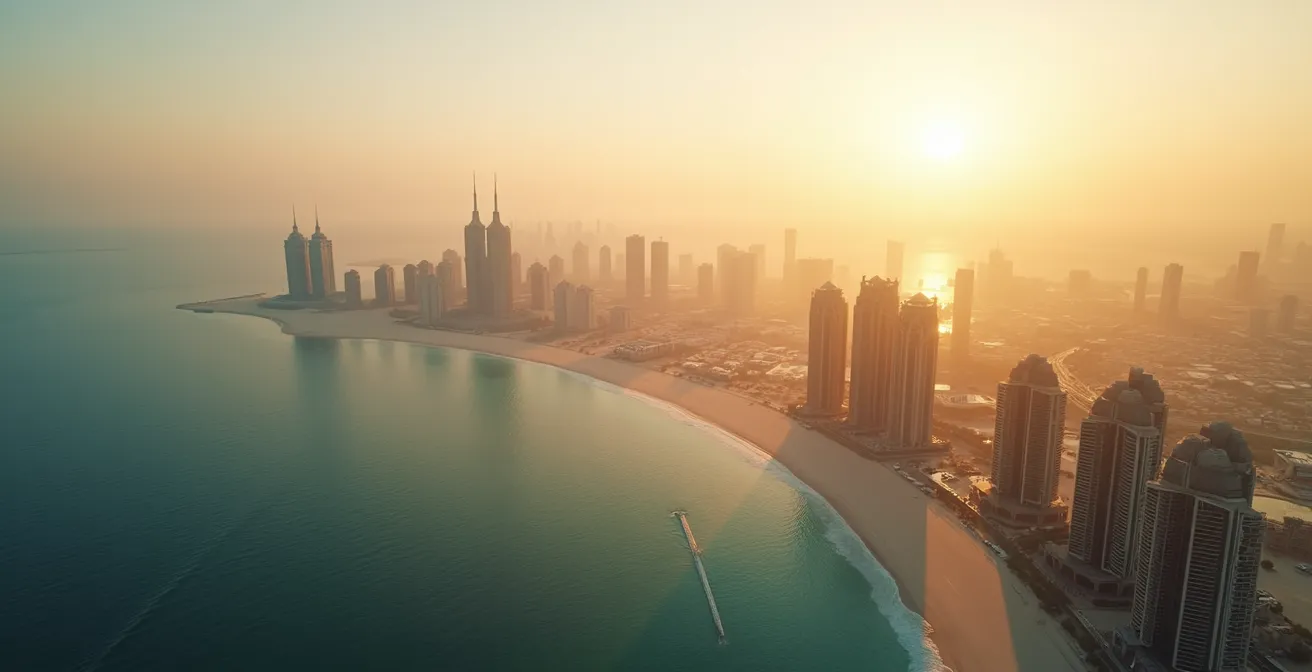 Aerial view of Dubai Marina from luxury helicopter at sunset
