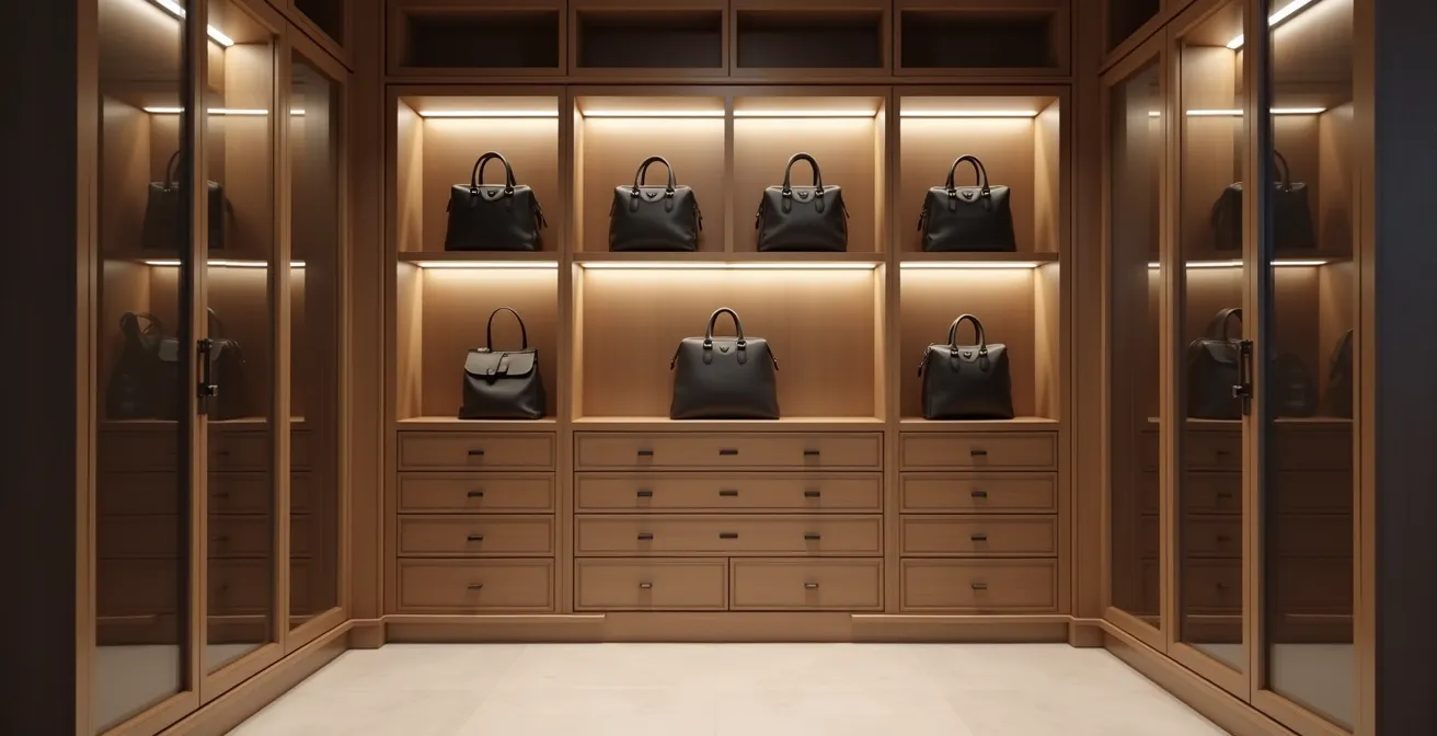 Professional climate-controlled luxury handbag storage setup