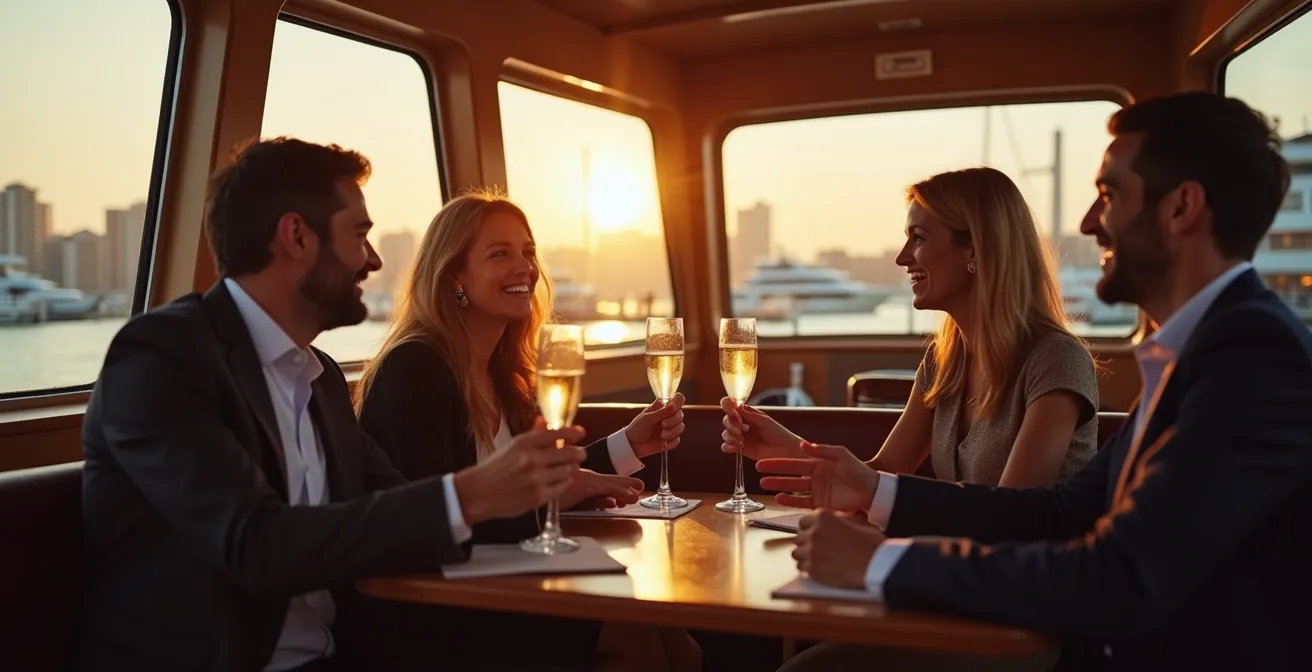 Business professionals on luxury water taxi with Abu Dhabi skyline at sunset