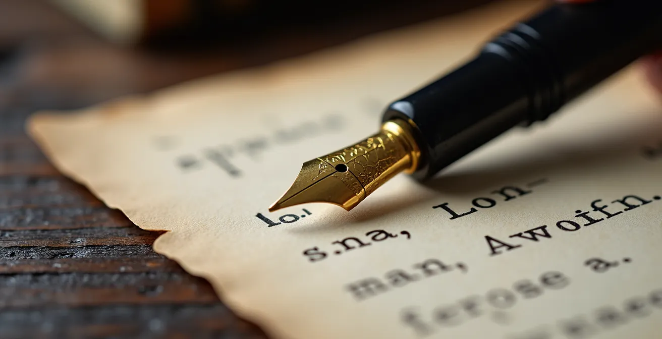 Extreme close-up of premium paper texture and fountain pen on contract surface