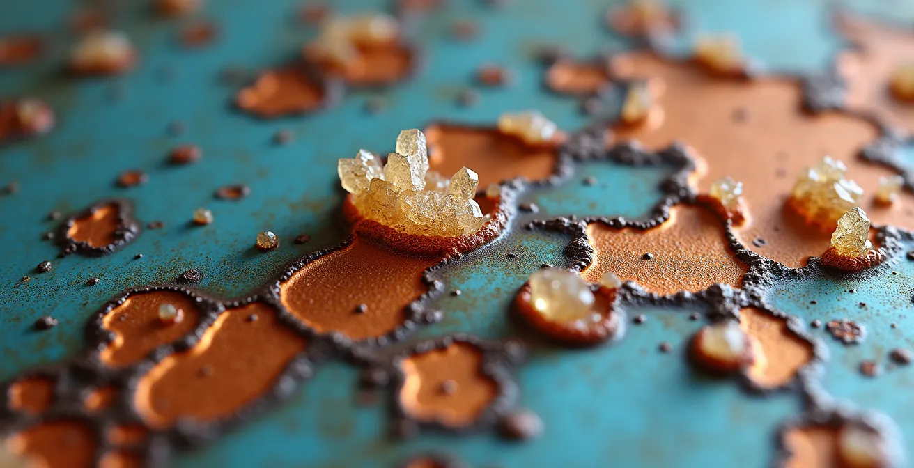 Extreme close-up of salt corrosion patterns on metal surface showing crystalline formations