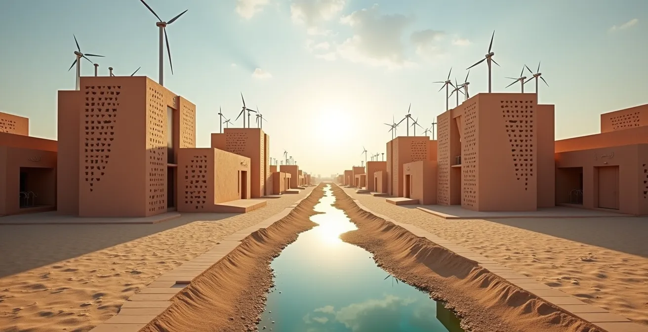Aerial view of Masdar City's sustainable architecture with wind towers and shaded walkways in desert setting
