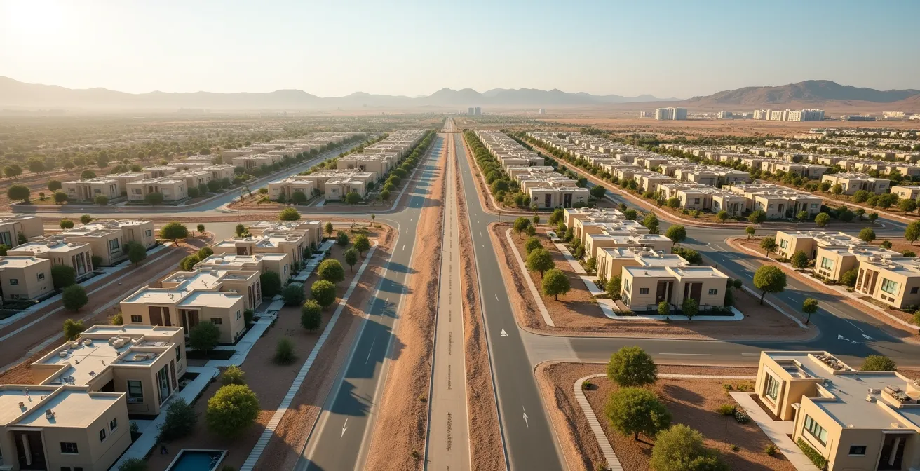Aerial view of large-scale residential community development showing different construction phases