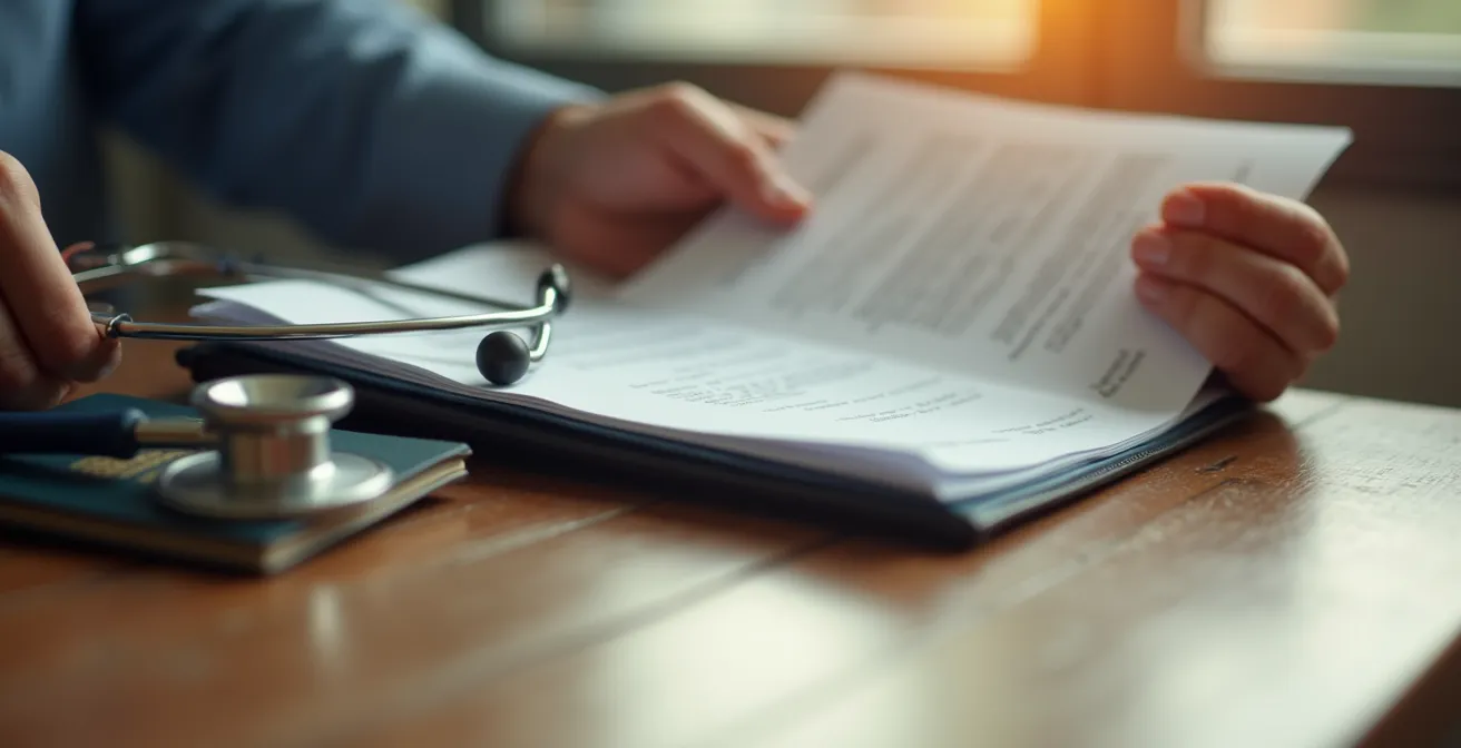 Professional medical documents alongside passport on a wooden desk