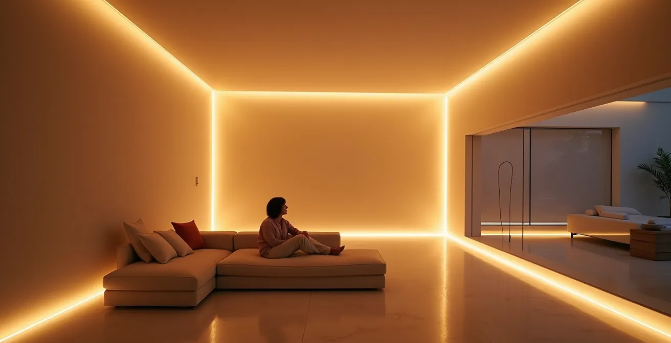 Spacious villa interior with hidden smart technology creating open feel through strategic lighting