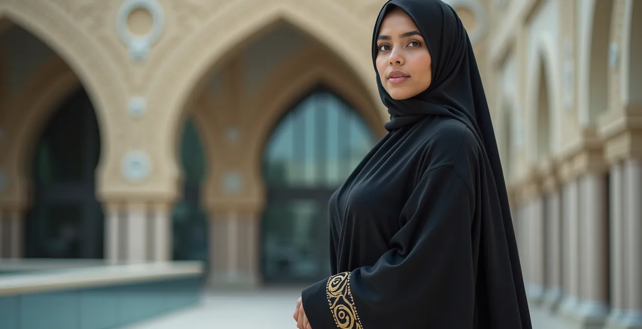 Young woman wearing a stylish abaya with contemporary sneakers against a modern Dubai architectural backdrop.