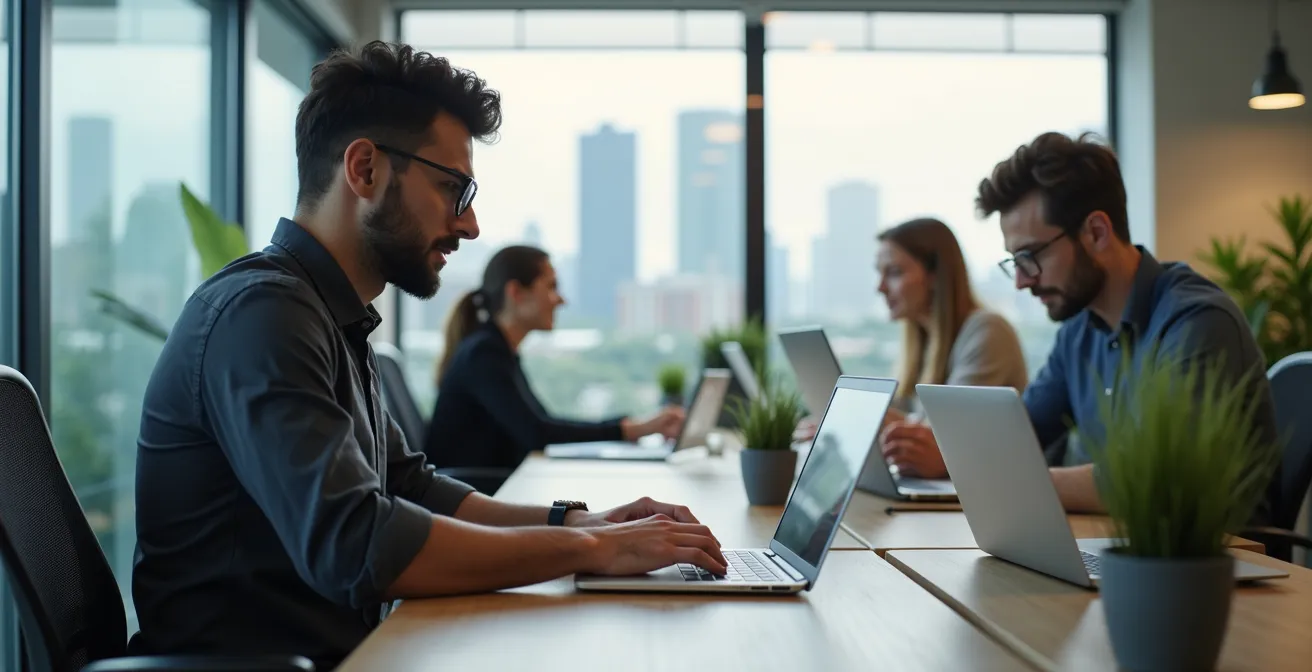 Professional coworking space with modern flexi-desk arrangements and diverse professionals