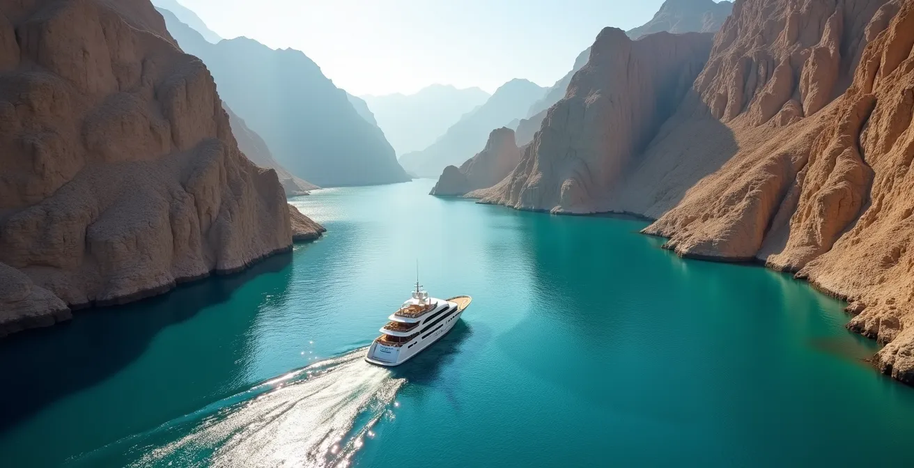Luxury yacht cruising along the dramatic fjords of Musandam Peninsula with crystal clear waters